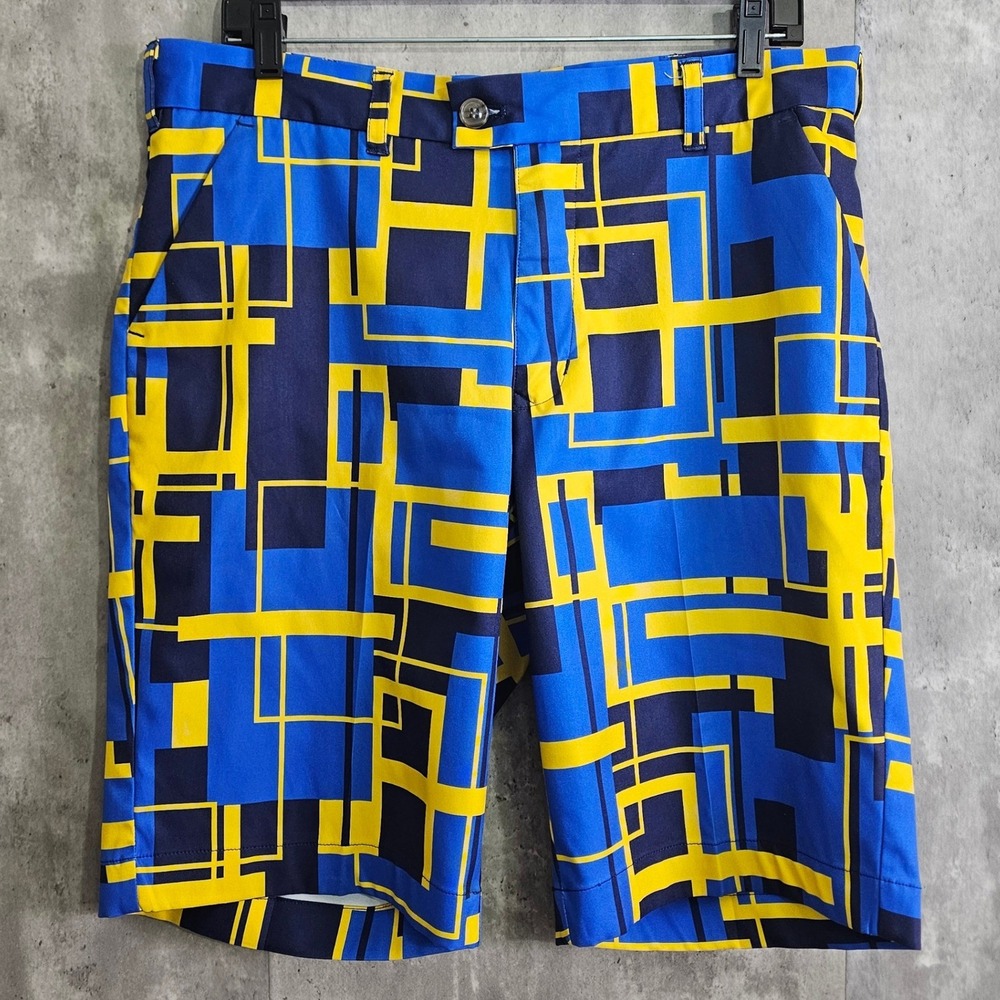 Loudmouth Power Grid Golf Shorts Mens 34 Blue Yellow Geometric Bermuda Golfing